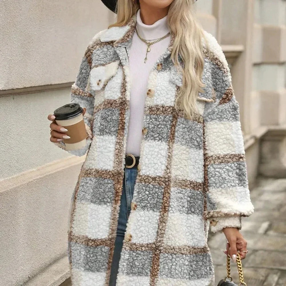 Multicolor Casual Women's Plaid Print Drop Shoulder Teddy Coat - Picture 5 of 7